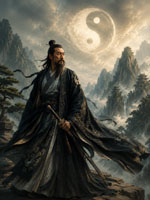 Chinese warrior beneath the yin-yang sky