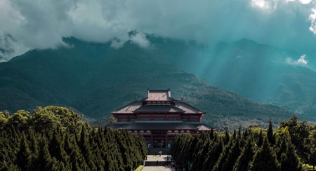 Chinese temple in the cloudy mountains - picture